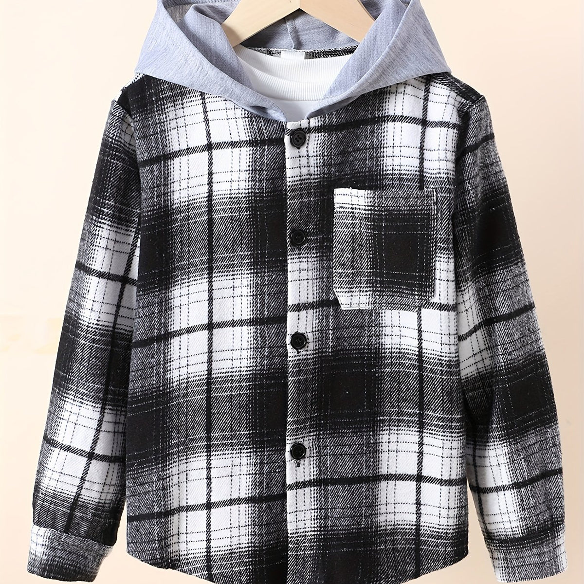 Boys Plaid Shirts Long Sleeve Hooded Tops Spring Fall Outwear