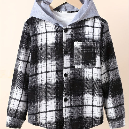 Boys Plaid Shirts Long Sleeve Hooded Tops Spring Fall Outwear