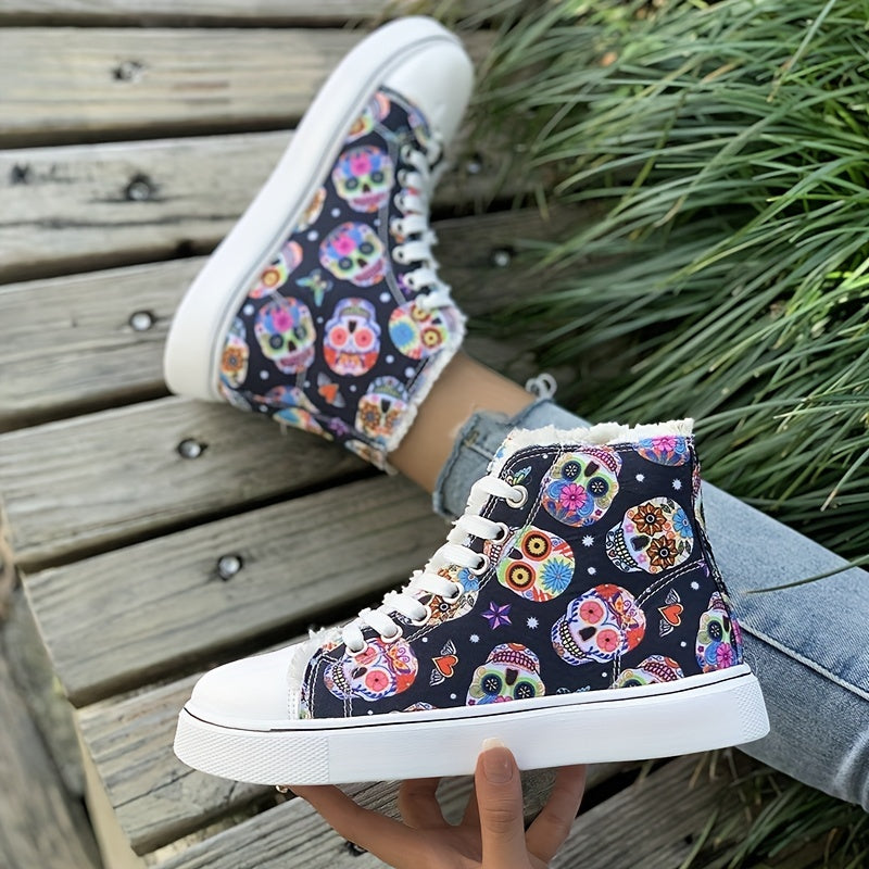 Women's Skull Graphic High Top Canvas Sneakers Lace Up Trainers