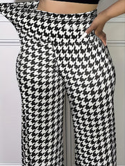  Houndstooth Print Wideband Waist Straight Leg Trousers
