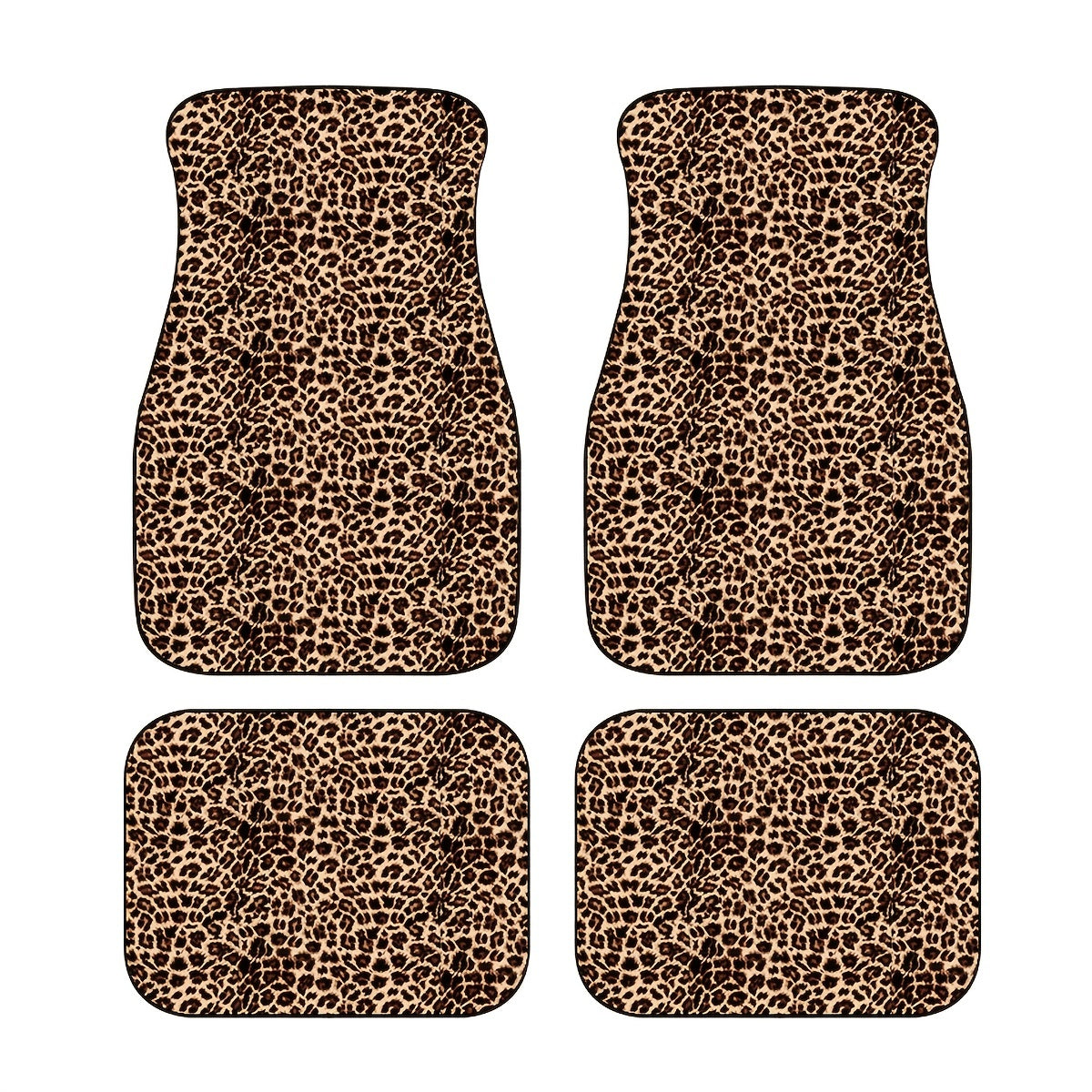 4pcs Leopard Print Car Seat Floor Mats Brown Front Rear Seat Pads