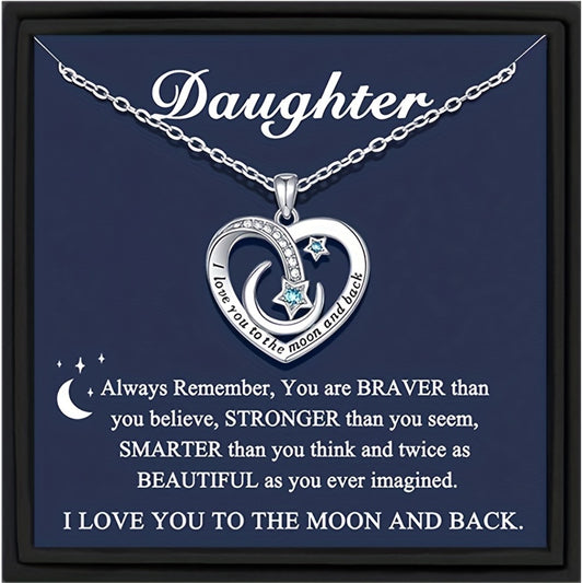 Heart Moon Star Copper Zircon Pendant Necklace with Card Box Gift for Daughter