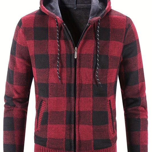 Men's Full Zip Up Casual Hooded Cardigan Plaid Sweater Jacket