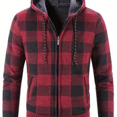 Men's Full Zip Up Casual Hooded Cardigan Plaid Sweater Jacket