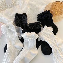 6 Pairs Lace Trim Textured Socks Women's Mid Tube Stockings