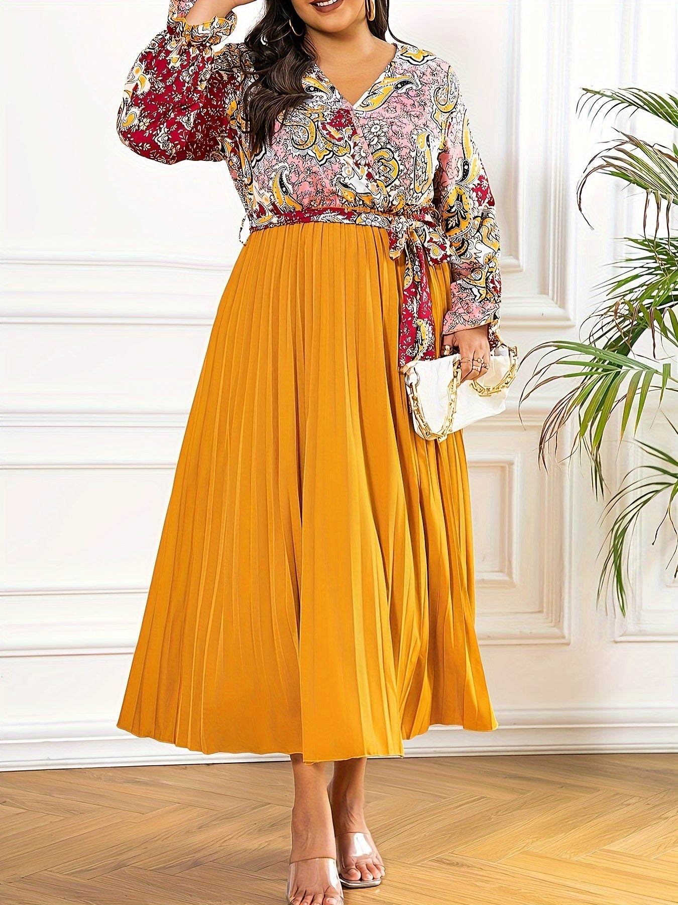  Paisley Print Long Sleeve Boho Dress