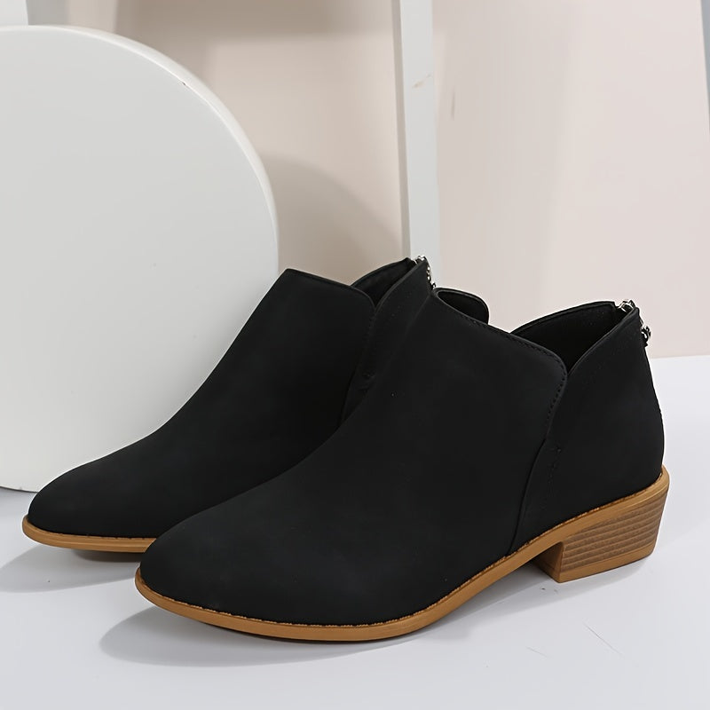 Chunky Heel Short Boots V cut Stacked Heel Back Zip Ankle Bootie