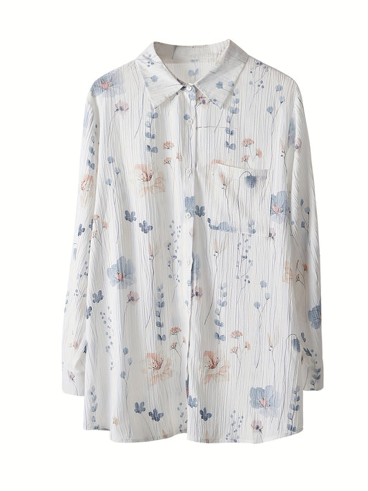  Floral Print Long Sleeve Button Up Blouse
