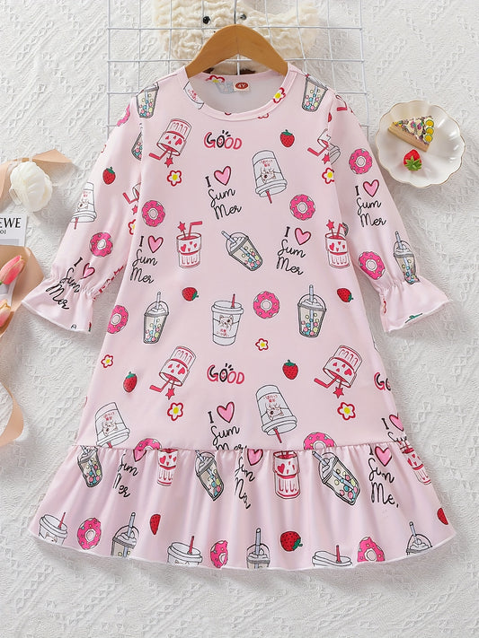 Girl's Long Sleeve Nightgown Cartoon Drinks Print PJ Comfy Soft Nightdress