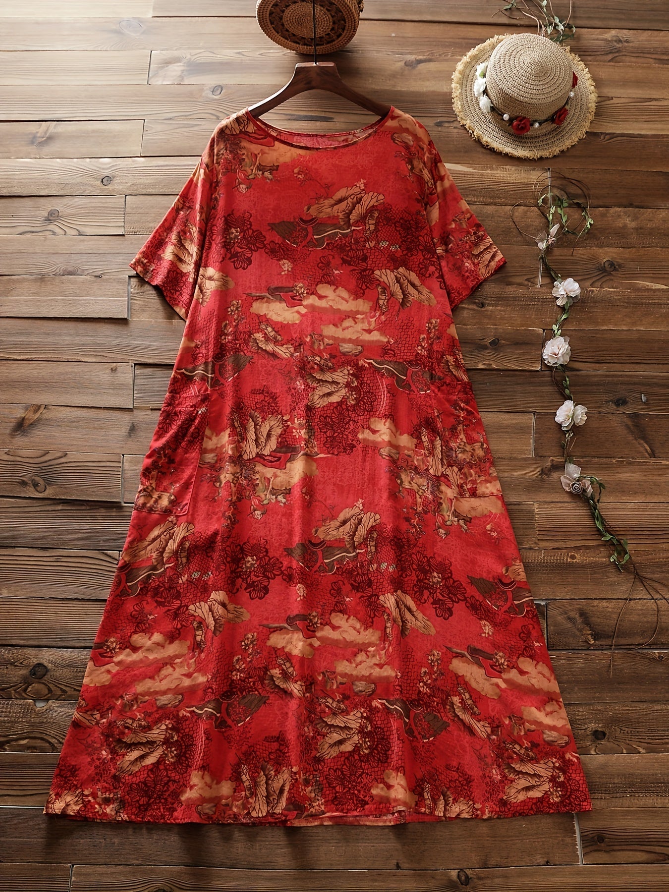 Chinoiserie Print Short Sleeve Dress Plus Size
