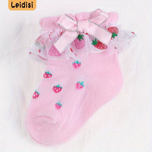 3 Pairs Baby Girl Lace Socks Strawberry Pattern Bowknot Socks