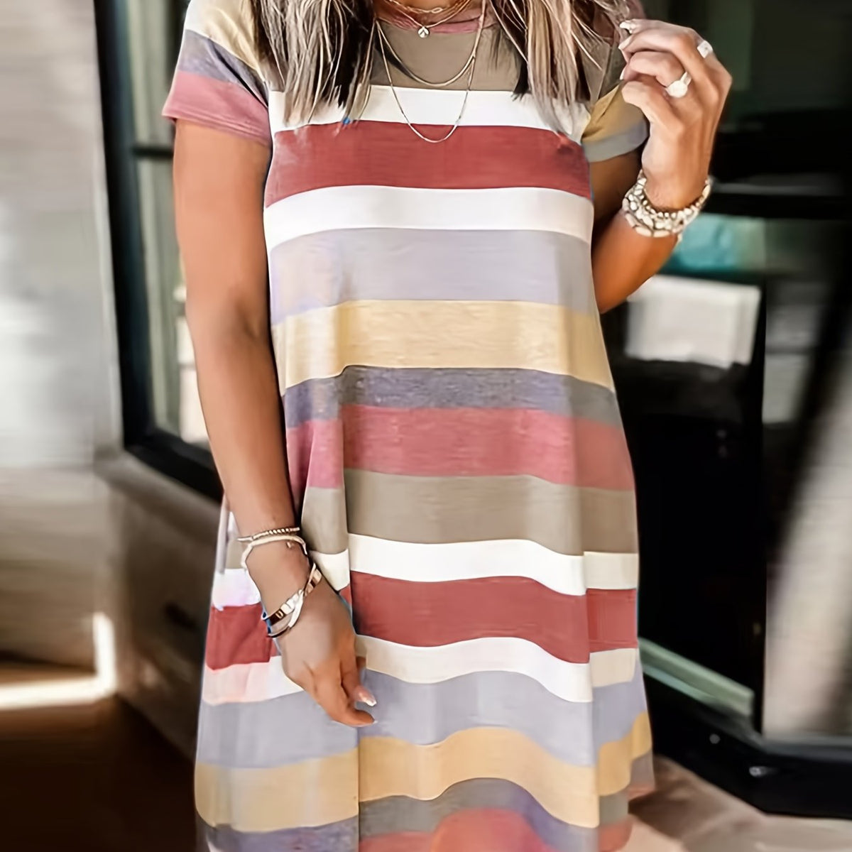  Colorblock Short Sleeve Tee Dress Women's Plus Casual Midi Dress