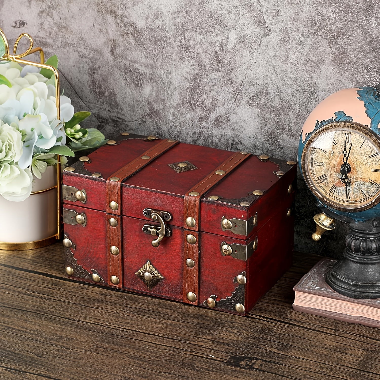 Vintage Treasure Chest Storage Box Wooden Jewelry Pirate Keepsake
