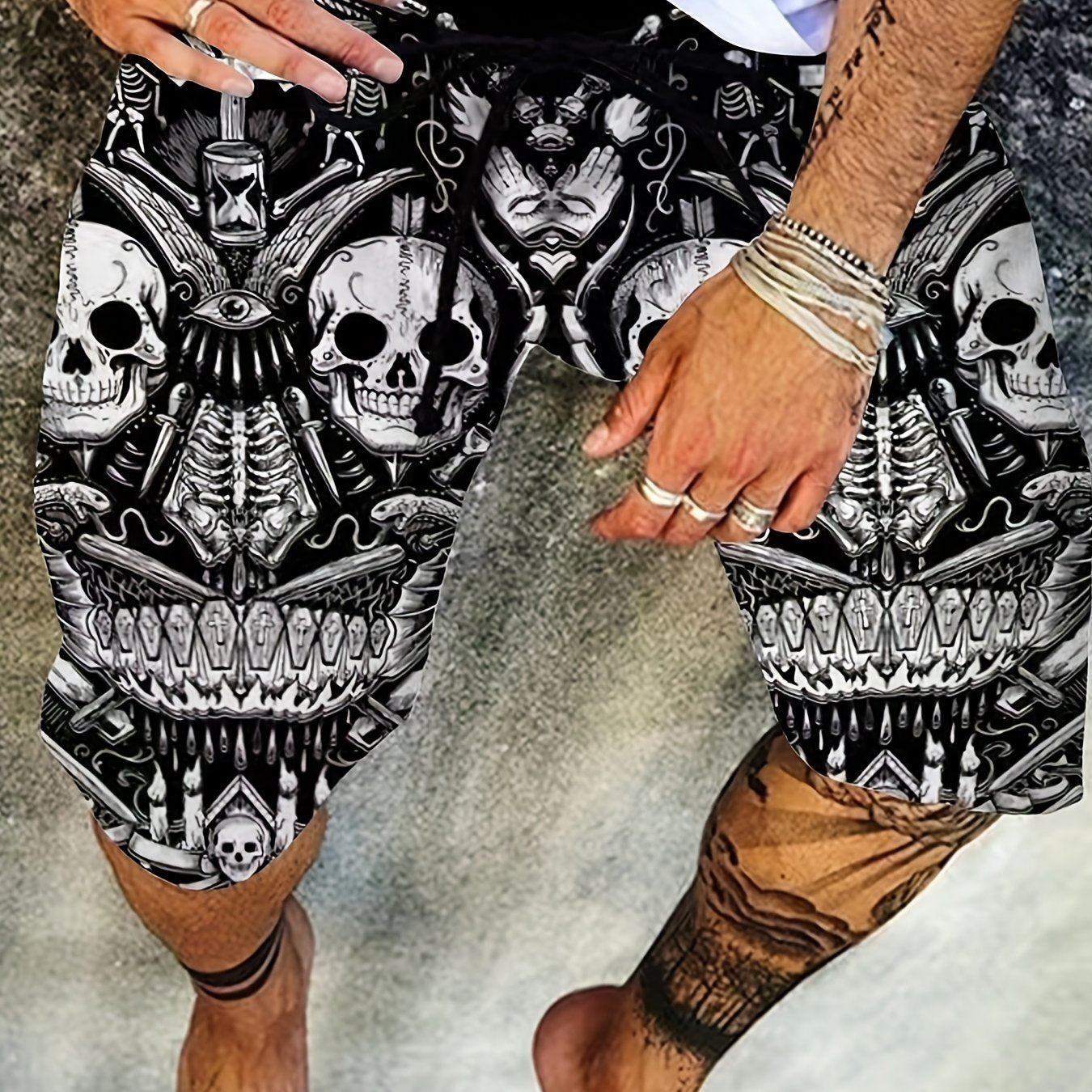 Men's Skull Graphic Active Drawstring Shorts for Summer