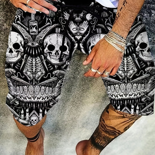 Men's Skull Graphic Active Drawstring Shorts for Summer