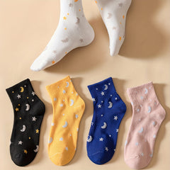 5 Pairs Star & Moon Pattern Ribbed Short Socks Women's Stockings