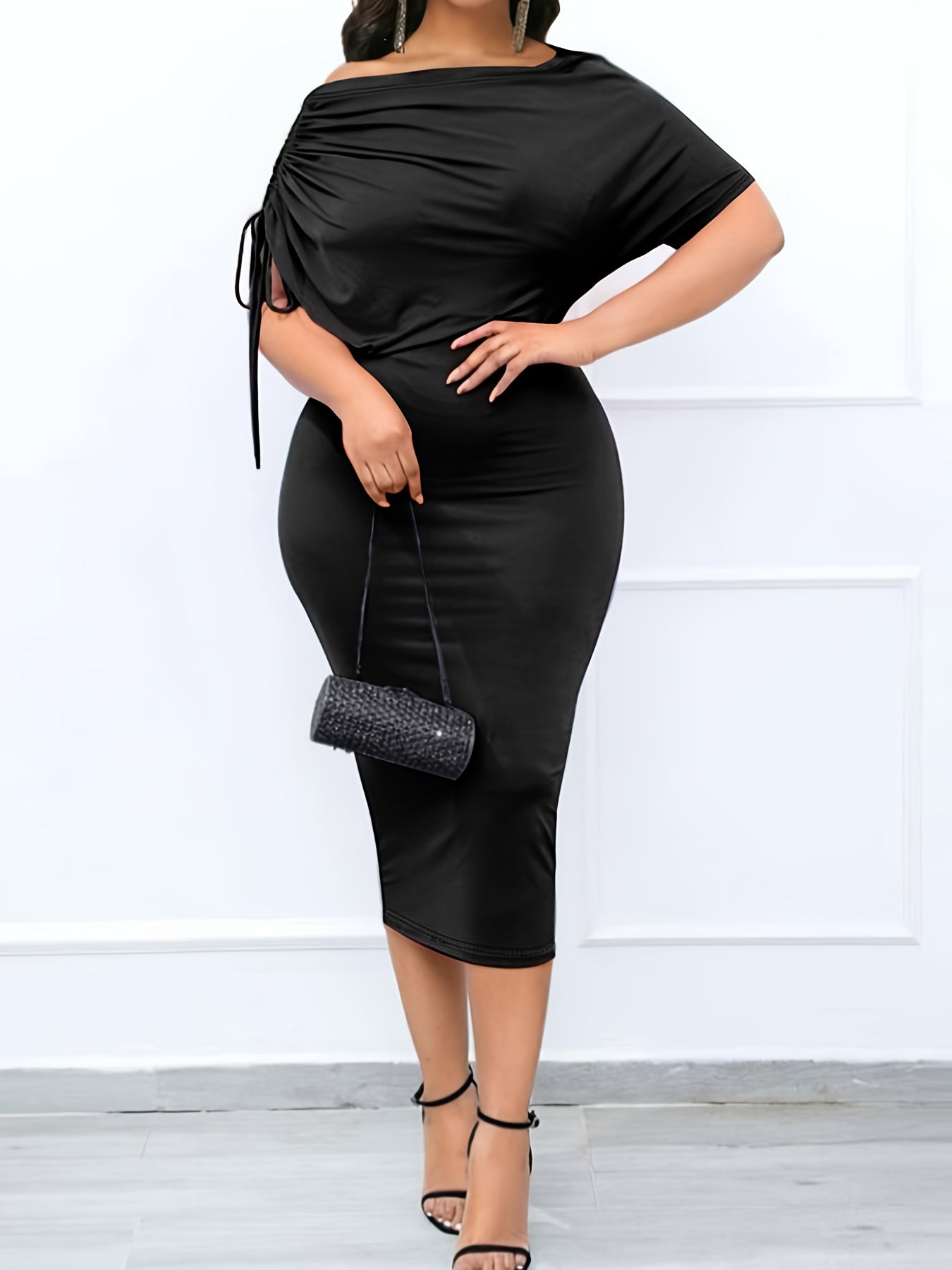  Solid Drawstring One Shoulder Midi Dress