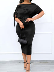  Solid Drawstring One Shoulder Midi Dress