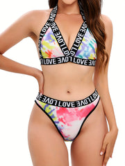 Rainbow Print Halter Push Up Bra & Panties Set