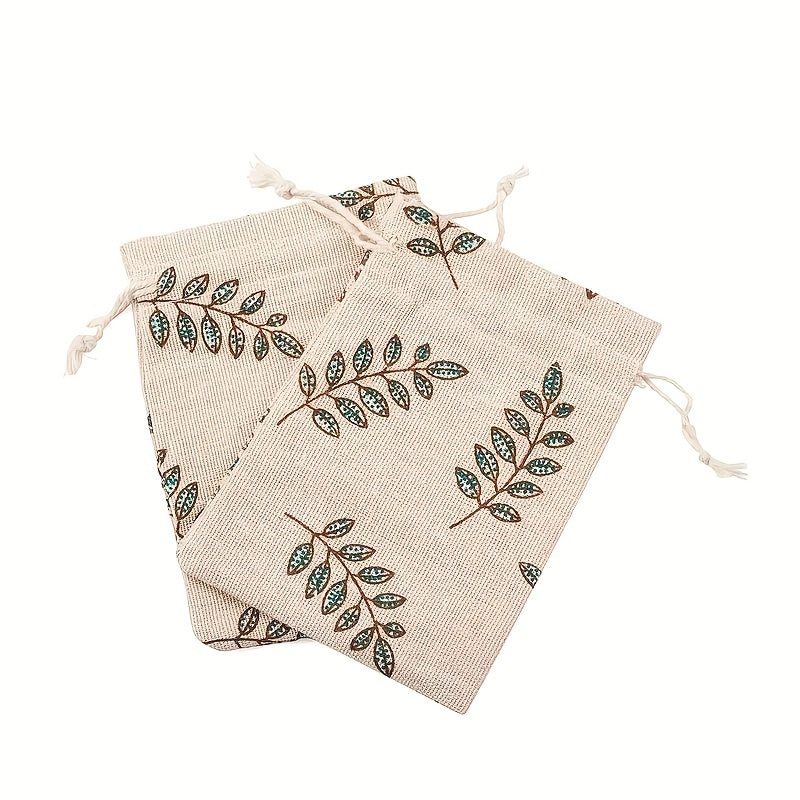 30pcs 14x10cm Drawstring Gift Bags Jewelry Storage Bags with Printed Leaf