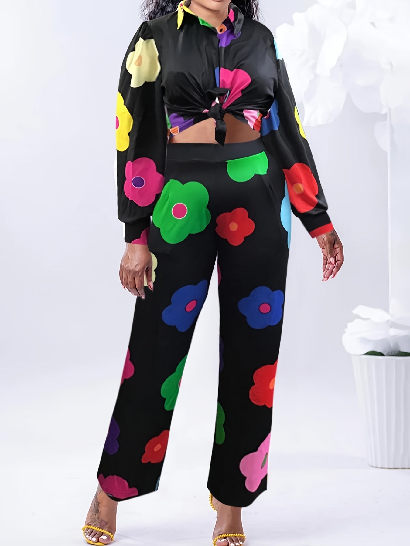Women's Plus Floral Shirt & Pants Two Piece Set