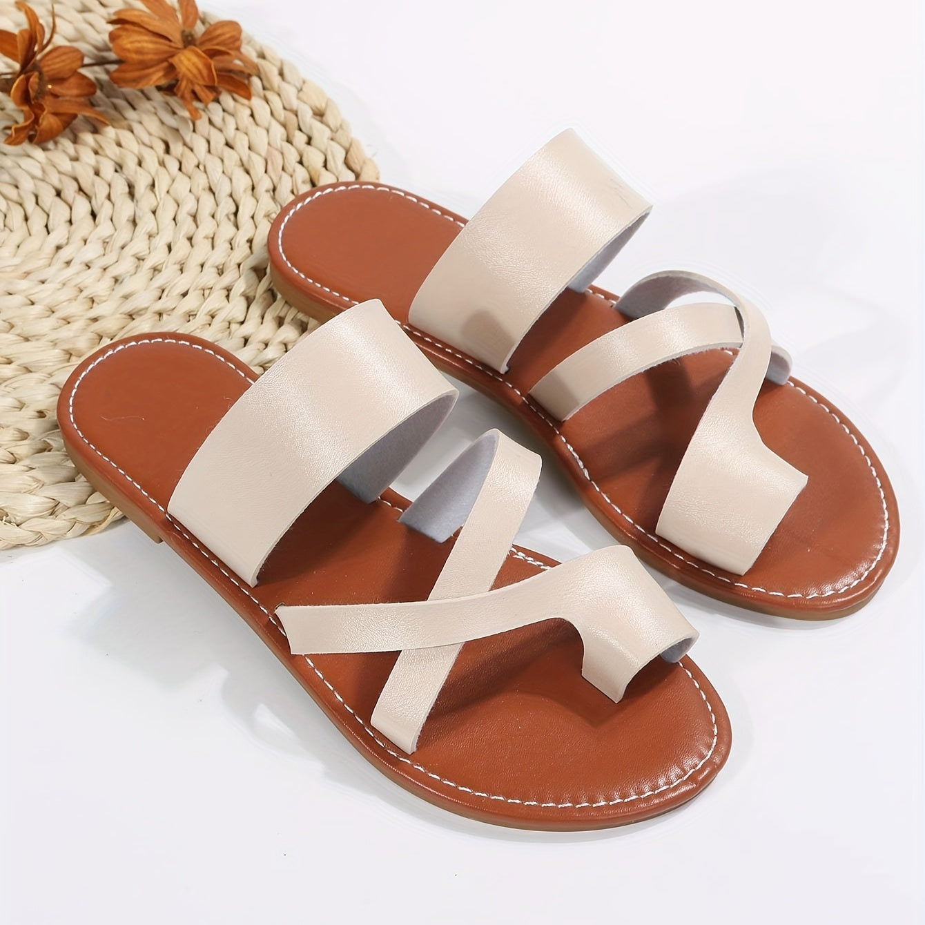 Women's Toe Loop Flat Slides Faux Leather Shoes Casual Summer Beach Slides