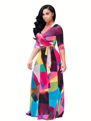  Geometric Print Surplice Neck Maxi Dress