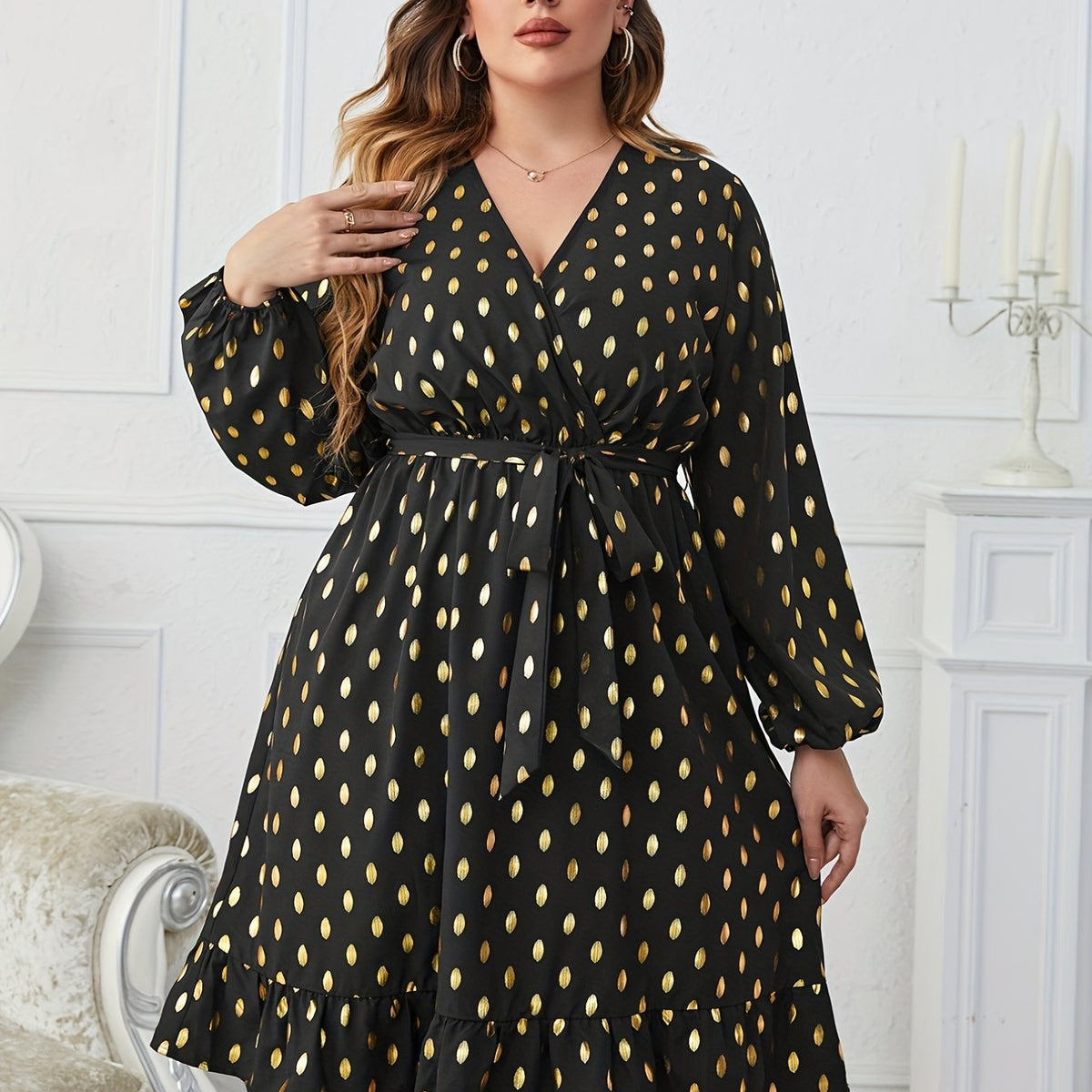 Women's Plus Dot Print Long Sleeve Surplice Neck Dress With Belt