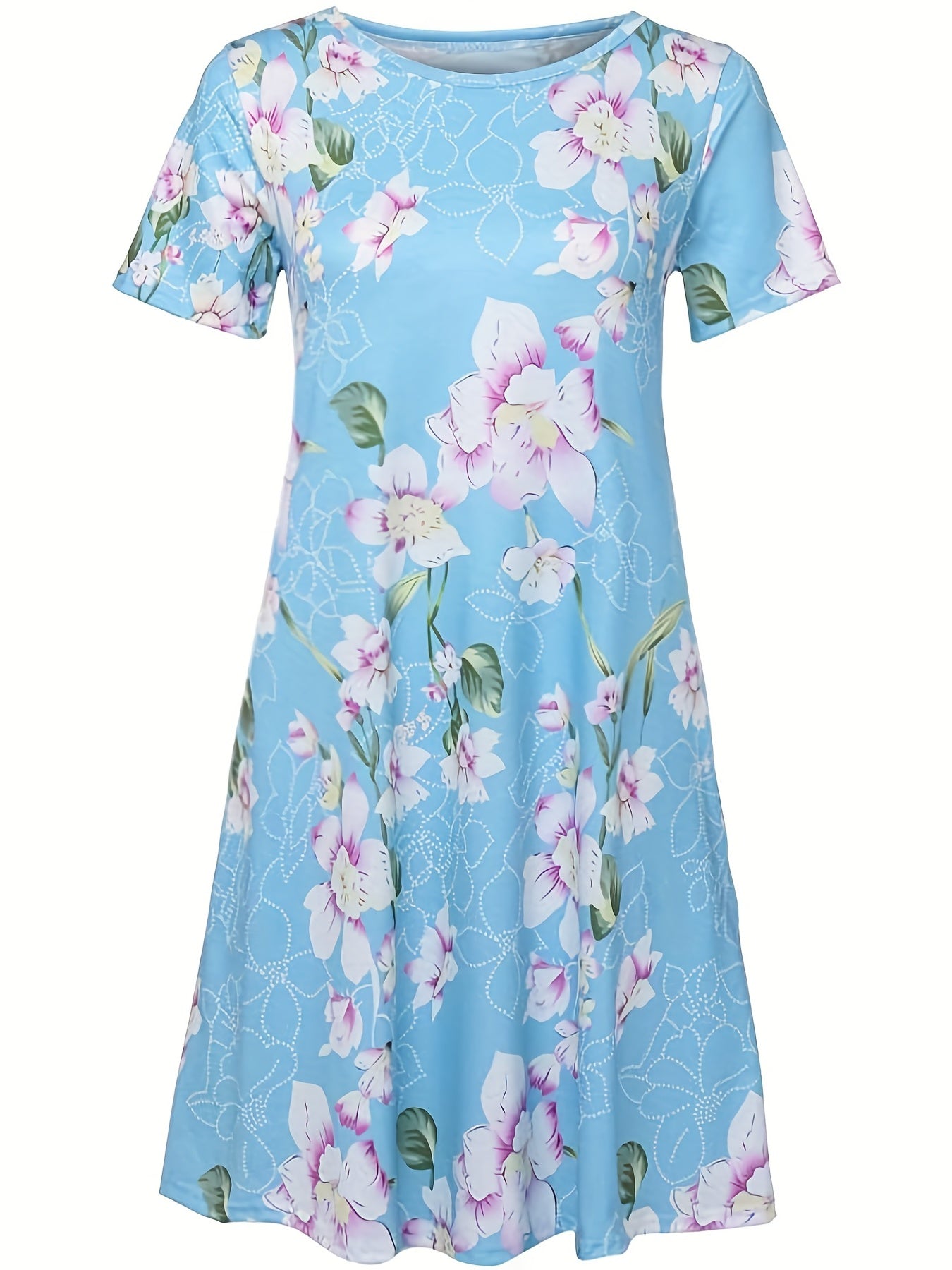  Women's Rose Print Short Sleeve Midi Dress With Pockets