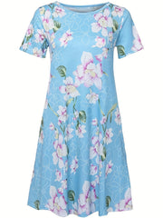  Women's Rose Print Short Sleeve Midi Dress With Pockets