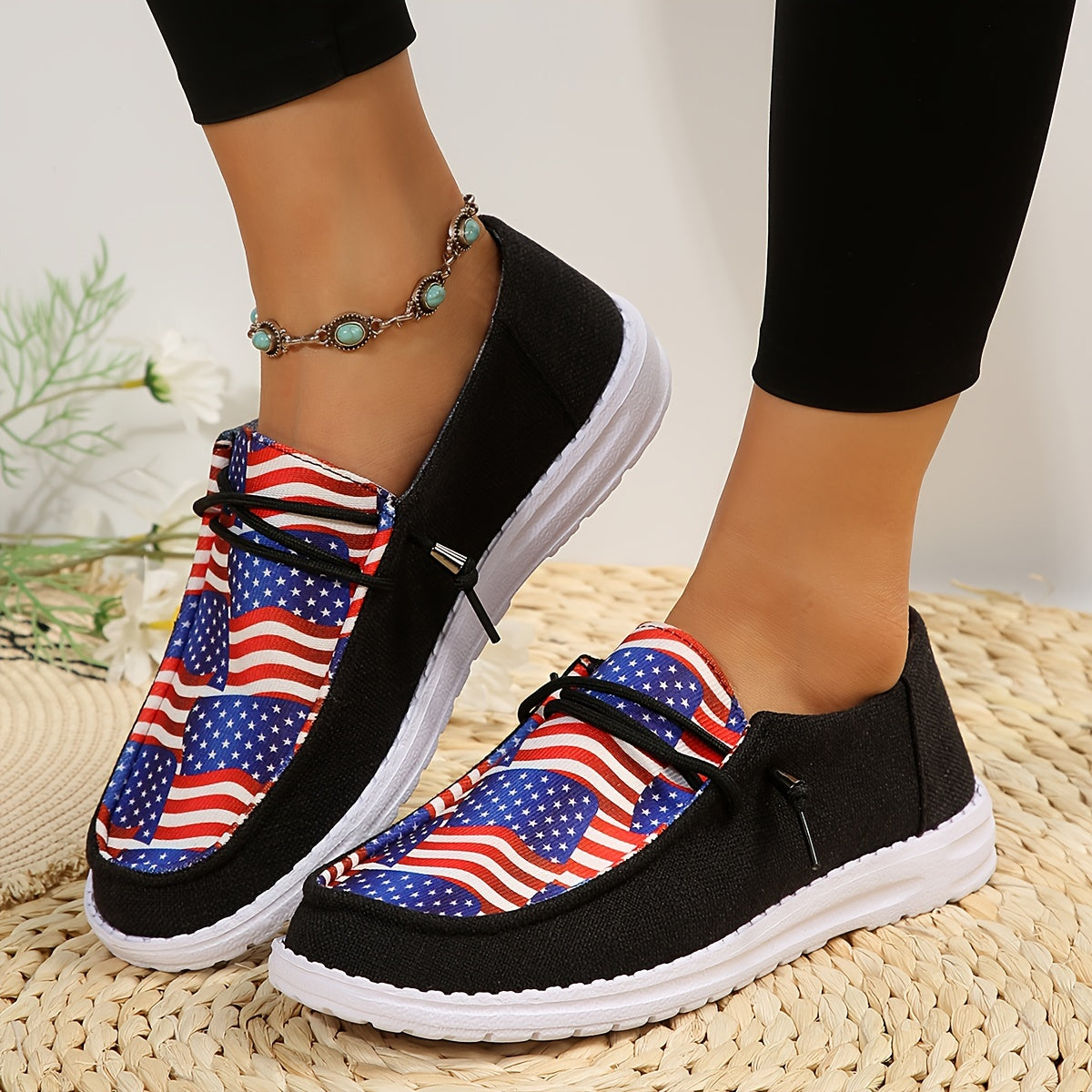 Flag Pattern Low Lace Up Flat Canvas Shoes for Women