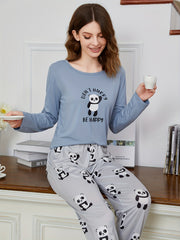 Panda Print Pajama Set Long Sleeve Crew Neck Top & Pants Women's Sleepwear