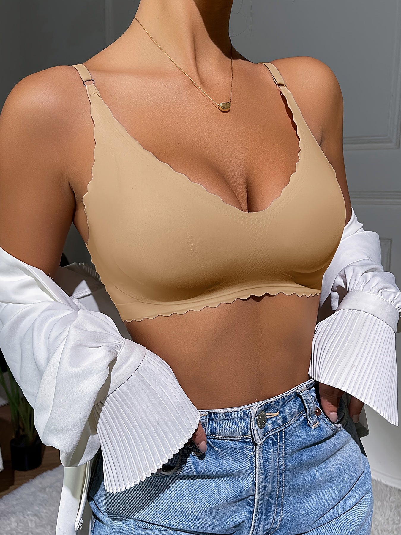 Scallop Trim Wireless Bra Soft Seamless Everyday Lingerie