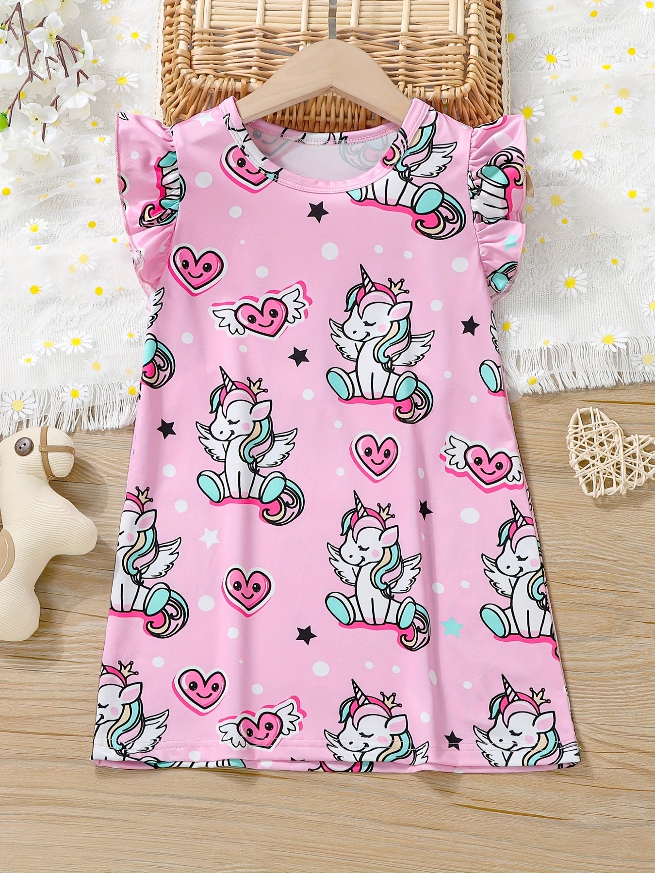 Girls Cat Pattern Flying Sleeve Round Neck Casual Vacation Dress
