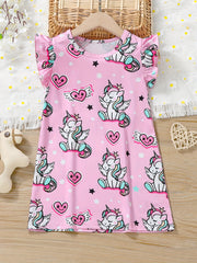 Girls Cat Pattern Flying Sleeve Round Neck Casual Vacation Dress