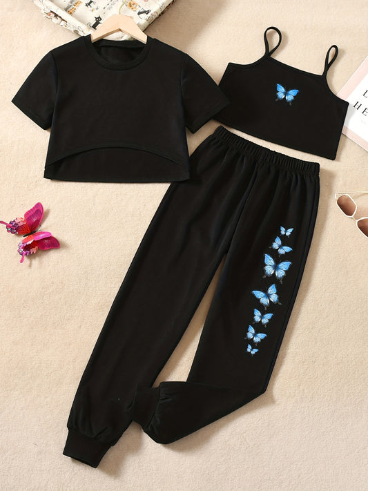 3pcs Girls Bow Butterfly Cami Tops Jogger Pants Asymmetrical Trim Set