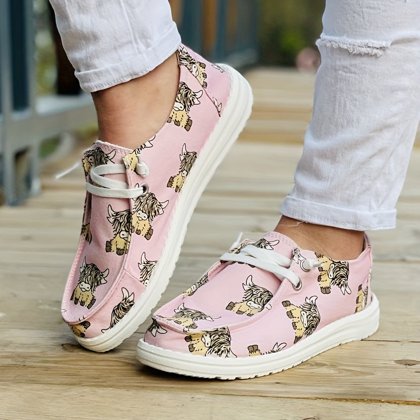 Women's Cartoon Animal Print Canvas Shoes Low Top Lace Up Round Toe Casual Shoes