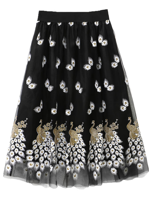 Women's Plus Peacock & Feather Print Elastic Waist Pleated Mesh Skirt