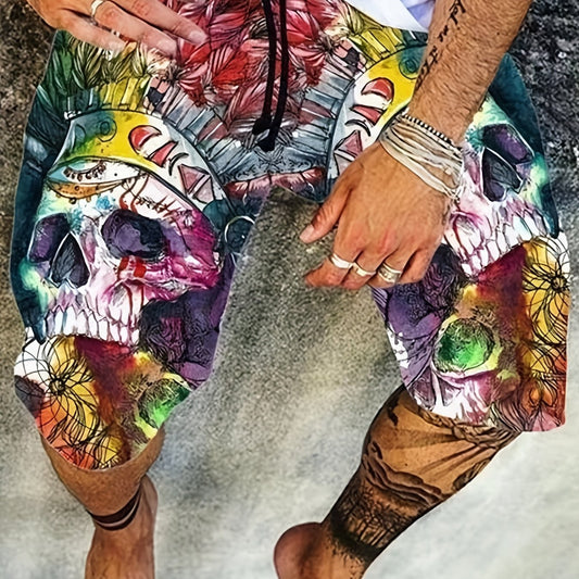 Colorful Skull Graphic Men's Shorts Elastic Waist Summer Outdoor