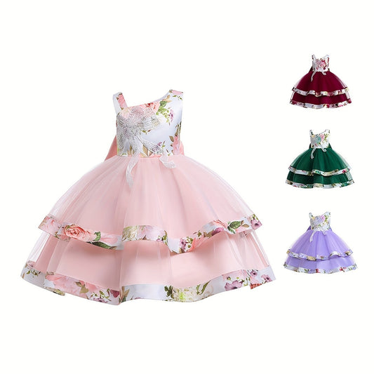Girls Floral Princess One Shoulder Party Tutu Dress Tulle Wedding Flower Girl