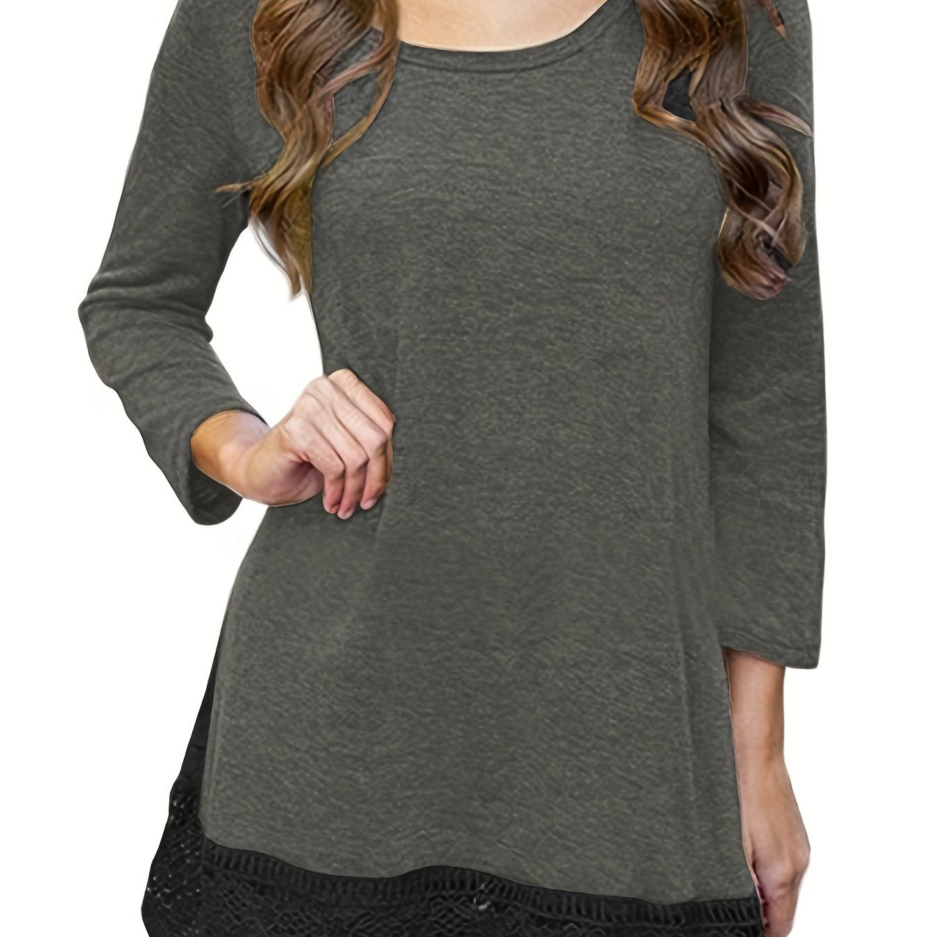  Lace Trim Long Sleeve Round Neck Dress