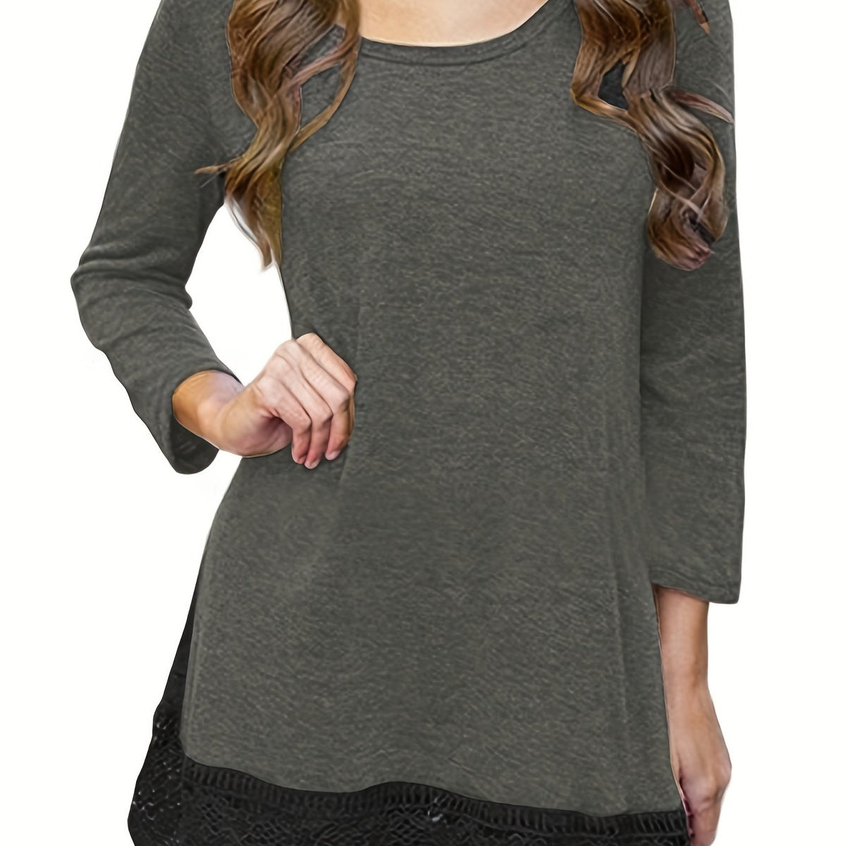  Lace Trim Long Sleeve Round Neck Dress