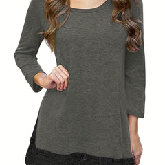  Lace Trim Long Sleeve Round Neck Dress