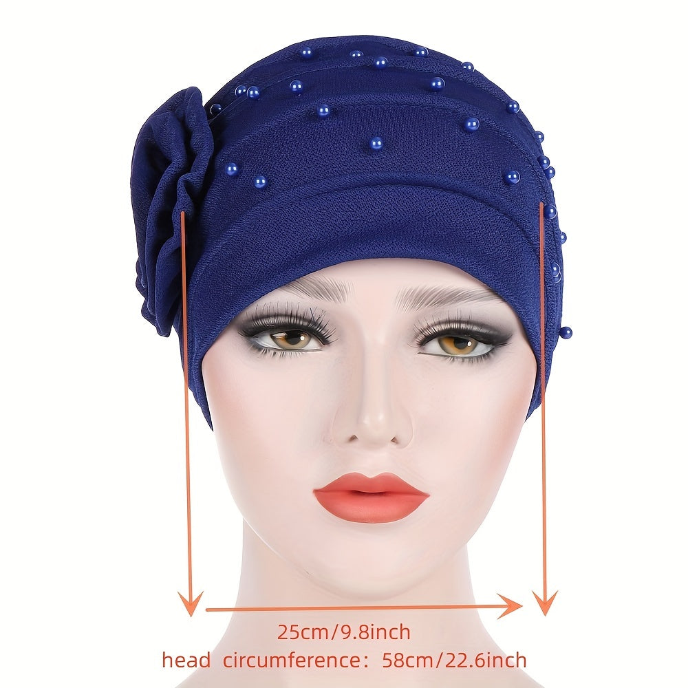 Beaded Turban Cap Solid Pleated Head Wraps Classic Elastic Hijab