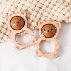 Wooden Bear Rattle for Babies Face Changing Cartoon Toy