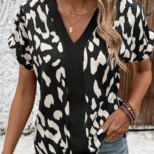  Geometric Print V Neck Short Sleeve Blouse