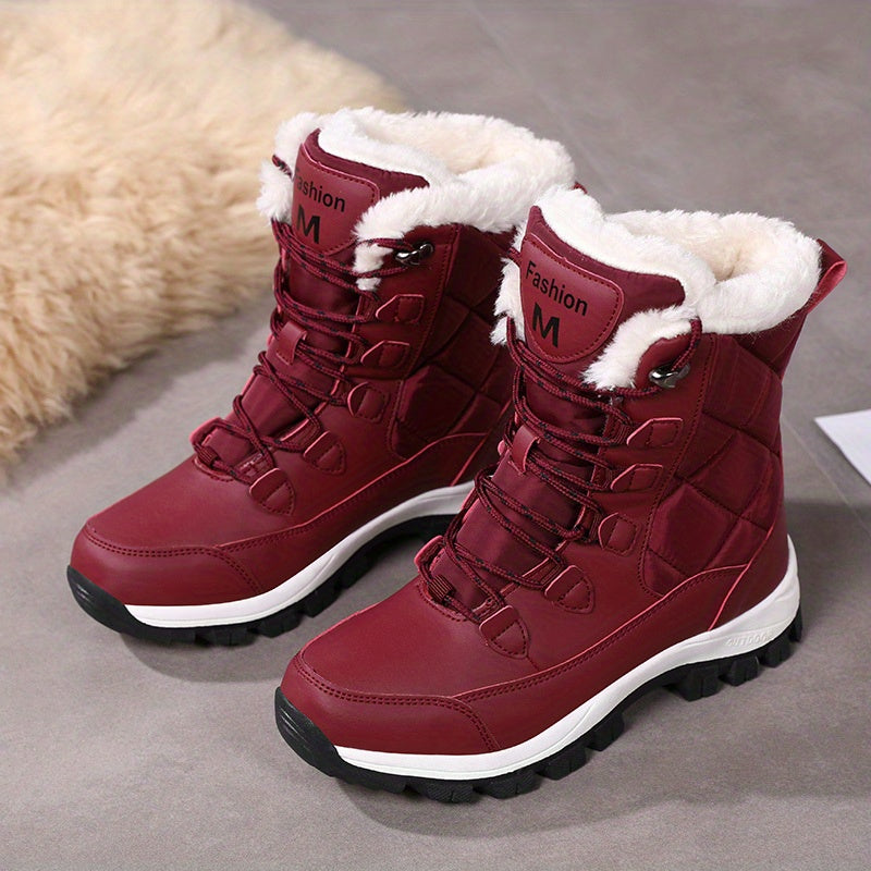Women's Winter Snow Boots, Lace Up, Non-slip, Mid Calf Plush Inner Warm Boots