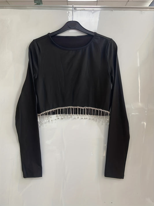 Tassel Two piece Set Crew Neck Long Sleeve Tops & Asymmetrical Skirts
