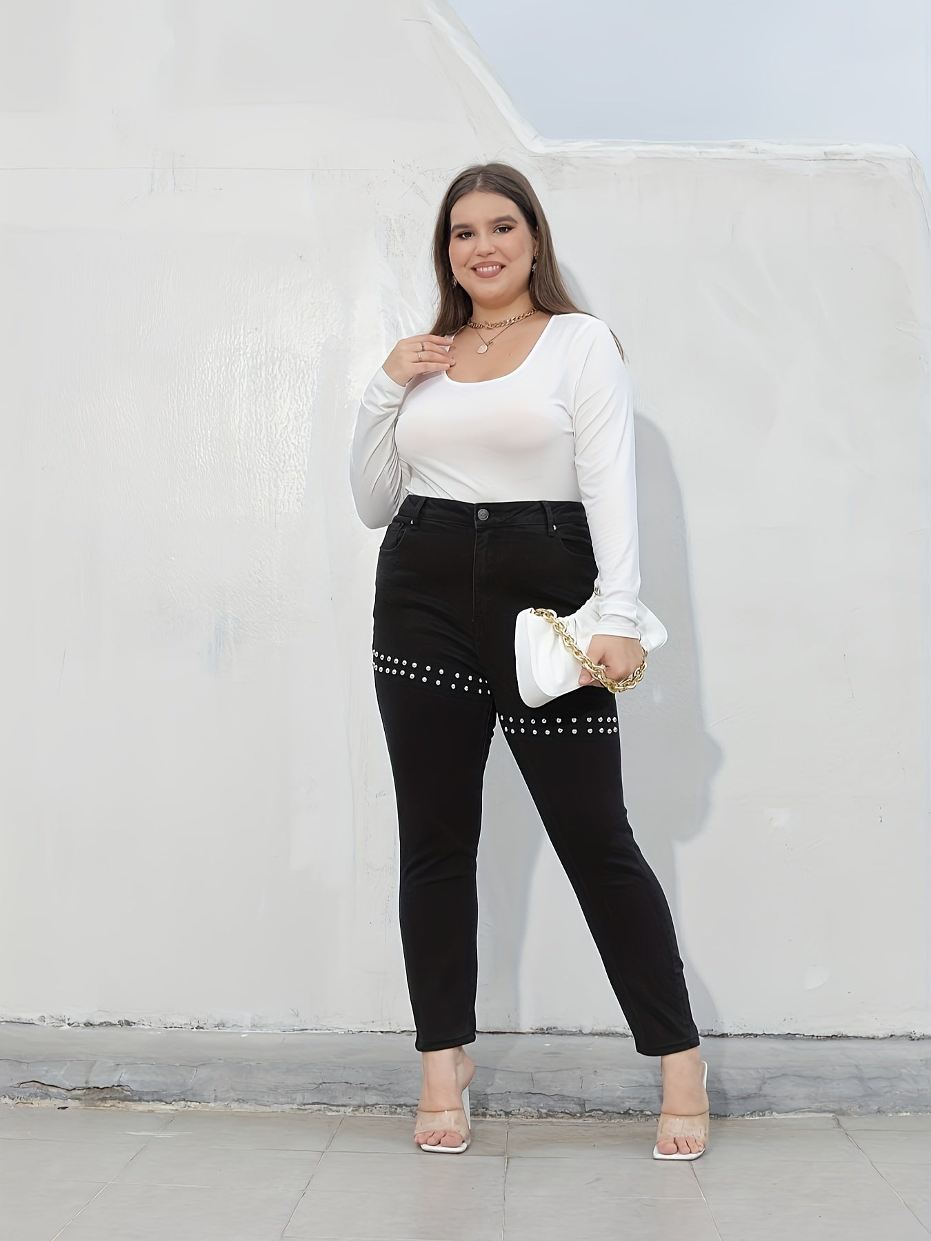  Y2K Pearl Decor Straight Leg Denim Pants