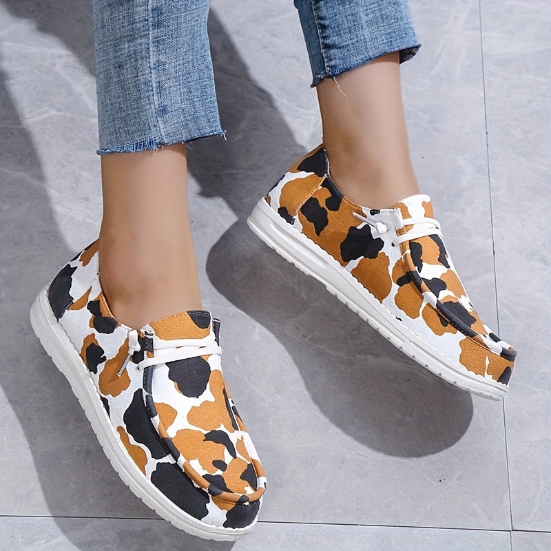 Cow Printed Flat Loafers Round Toe Lace Up Walking Sneakers